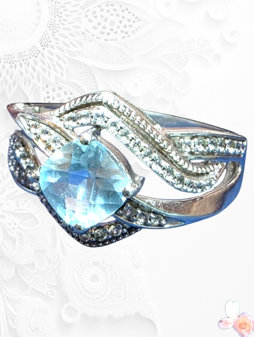 JMBR 925 Sterling Silver Blue Topaz Pavé Swirl Ring Sz 7.5 964